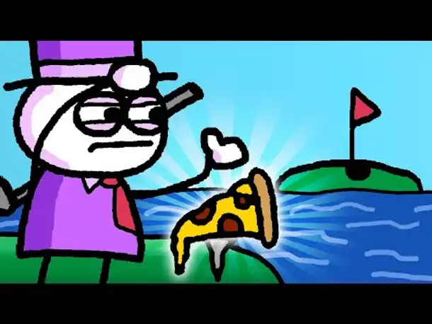 Zombey golft mit einem Stück Pizza.