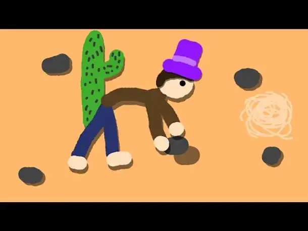 Zombey sammelt Steine in der Wüste.